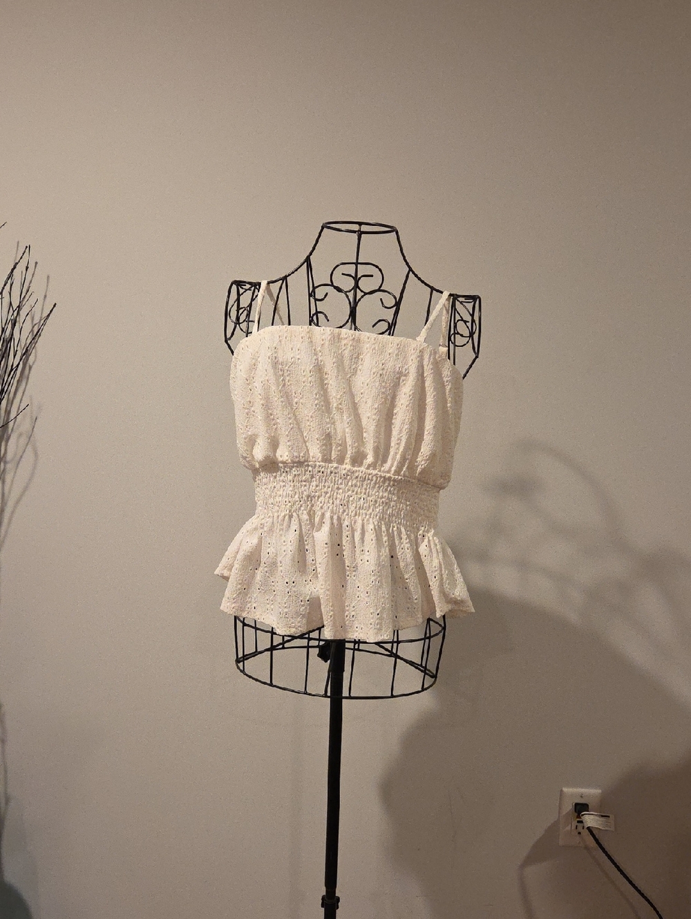 Eyeshadow Cream Eyelet Smocked Peplum Camisole